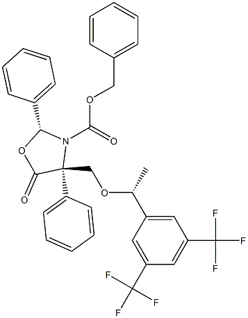 3-Oxazolidinecarboxylic acid, 4-[[(1R)-1-[3,5-bis(trifluoromethyl)phenyl]ethoxy]methyl]-5-oxo-2,4-diphenyl-, phenylmethyl ester, (2R,4S)- Structure