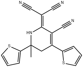 Propanedinitrile, 2-(3-cyano-5,6-dihydro-6-methyl-4,6-di-2-thienyl-2(1H)-pyridinylidene)- Structure