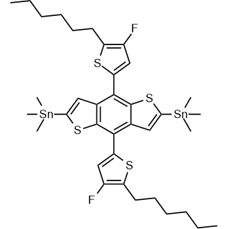 1,1′-[4,8-双(4-氟-5-己基-2-噻吩基)苯并[1,2-b:4,5-b′]二噻吩-2,6-二基]双[1,1,1-三甲基锡烷]结构式