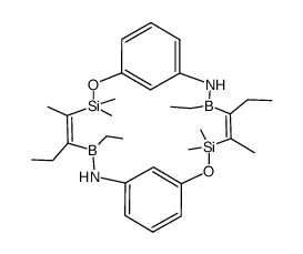 (4E,11E)-5,6,12,13-tetraethyl-3,3,4,10,10,11-hexamethyl-2,9-dioxa-7,14-diaza-3,10-disila-6,13-dibora-1,8(1,3)-dibenzenacyclotetradecaphane-4,11-diene Structure