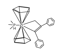 1,1-bis(η5-cyclopentadienyl)-2,3-diphenyl-1-(trimethylphosphane)-1-zirconacyclobut-2-ene结构式