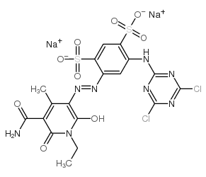 disodium 4-[[5-(aminocarbonyl)-1-ethyl-1,6-dihydro-2-hydroxy-4-methyl-6-oxo-3-pyridyl]azo]-6-[(4,6-dichloro-1,3,5-triazin-2-yl)amino]benzene-1,3-disulphonate Structure