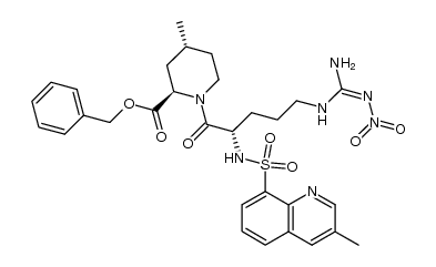 benzyl (2R,4R)-4-methyl-1-((Z)-N2-((3-methylquinolin-8-yl)sulfonyl)-Nw'-nitro-L-arginyl)piperidine-2-carboxylate结构式