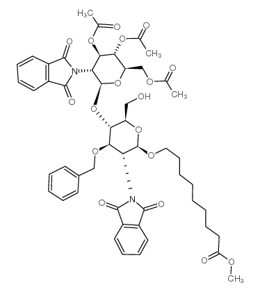 8-甲氧基羰基辛基4-O-(3,4,6-三-O-乙酰基-2-脱氧-2-邻苯二甲酰亚胺基-b-D-吡喃葡萄糖基)-2-脱氧-3-O-苄基-2-邻苯二甲酰亚胺-b-D-吡喃葡糖苷结构式