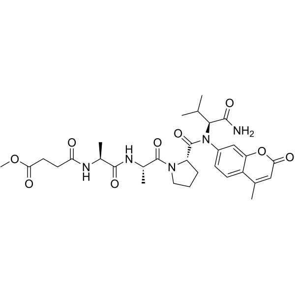 N-甲氧琥珀酰基-丙氨酰-丙氨酰-脯氨酰-缬氨酸-7-氨基-4-甲基香豆素结构式