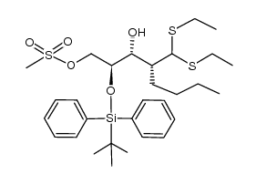 (2R,3R,4S) 2-butyl-1,1-bis(ethylthio)-3-hydroxy-5-(methanesulfonyloxy)-4-(tert-butyldiphenylsiloxy)-pentane结构式