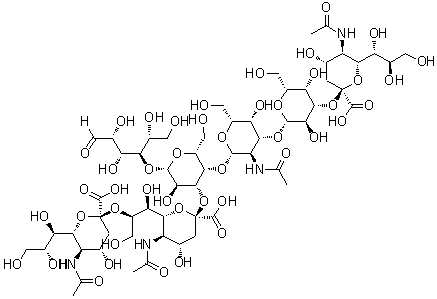 O-(N-乙酰基-ALPHA-神经胺酸基)-(2-8)-O-(N-乙酰基-ALPHA-神经胺酸基)-(2-3)-O-[O-(N-乙酰基-ALPHA-神经胺酸基)-(2-3)-O-BETA-D-吡喃半乳糖基-(1-3)-2-(乙酰氨基)-2-脱氧-BETA-D-吡喃半乳糖基-(1-4)]-O-BETA-D-吡喃半乳糖基-(1-4)-D-葡萄糖结构式