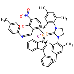 [1,3-双(2,4,6-三甲基苯基)-2-咪唑啉亚基]-[2-[[((4-甲基苯基)亚氨基]甲基]-4-硝基苯酚基]-[3-苯基-1H-茚满-1-亚甲基]氯化钌(II)结构式