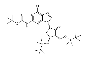 9-[(1S,3R,4S)-4-tert-butyldimethylsilyloxy-3-(tert-butyldimethylsilyloxymethyl)-2-methylene-cyclopentyl]-6-chloro-9H-purine-2-carbamic acid tert-butyl ester结构式