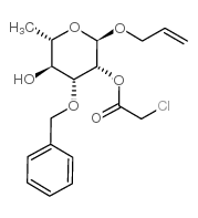 烯丙基 3-O-苄基-2-O-氯乙酰基-alpha-L-吡喃鼠李糖苷结构式