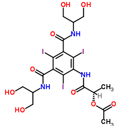 (2S)-1-({3,5-Bis[(1,3-dihydroxy-2-propanyl)carbamoyl]-2,4,6-triiodophenyl}amino)-1-oxo-2-propanyl acetate Structure