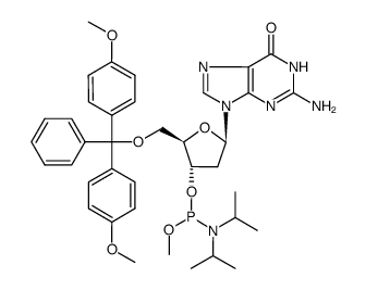 5'-o-dimethoxytrityl-2'-deoxyguanosine-3'-o]-[(2-meoxy)-(n,n-(i-pr)2)]phosphoramidit Structure