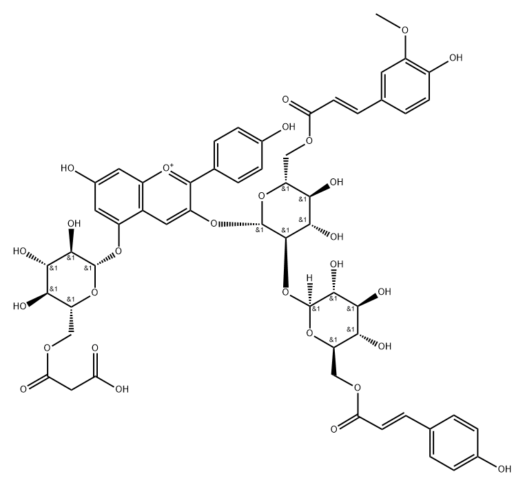 天竺葵色素-3-O-[6-O-(E)-阿魏酰基-2-O-{6-O-(E)-P-香豆酰基-Β-D-葡萄糖苷}-Β-D-葡萄糖苷]-5-O-(6-O-丙二酰基)-Β-D-葡萄糖苷结构式