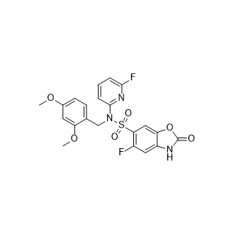 N-(2,4-二甲氧基苄基)-5-氟-N-(6-氟吡啶-2-基)-2-氧代-2,3-二氢苯并[d]噁唑-6-磺酰胺结构式