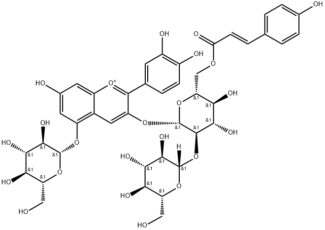 矢车菊素-3-O-[2-O-β-D-葡萄糖基-6-O-(E) - 香豆酰基]-β-D-葡萄糖苷-5-O-β-D-葡萄糖苷结构式