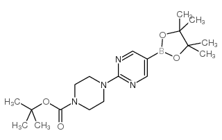 4-(5-(4,4,5,5-四甲基-1,3,2-二氧杂硼杂环戊烷-2-基)嘧啶-2-基)哌嗪-1-甲酸叔丁酯结构式