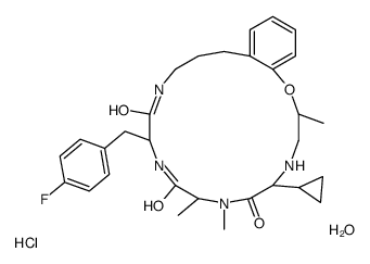 (7R,10R,13S,16R)-13-cyclopropyl-7-[(4-fluorophenyl)methyl]-10,11,16-trimethyl-17-oxa-5,8,11,14-tetrazabicyclo[16.4.0]docosa-1(22),18,20-triene-6,9,12-trione,hydrate,hydrochloride结构式