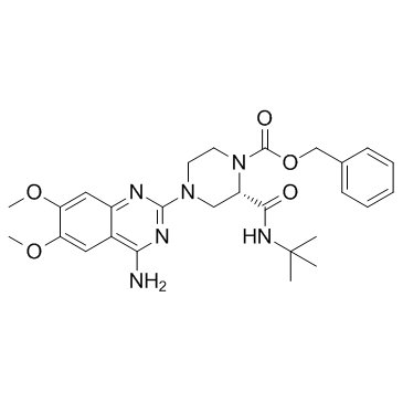 (S)-4-(4-氨基-6,7-二甲氧基喹唑啉-2-基)-2-(叔丁基氨基甲酰基)哌嗪-1-甲酸苄酯结构式