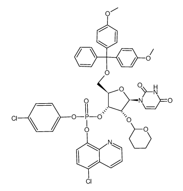 5'-O-(dimethoxytrityl)-2'-O-(tetrahydropyranyl)-uridine-3'-(4-chlorophenyl 5-chloro-8-quinolyl- phosphate)结构式