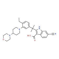 6-cyano-2-(2-(4-ethyl-3-(4-morpholinopiperidin-1-yl)phenyl)propan-2-yl)-1H-indole-3-carboxylic acid structure