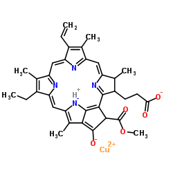 hydrogen [3S-(3α,4β,21β)]-[14-ethyl-21-(methoxycarbonyl)-4,8,13,18-tetramethyl-20-oxo-9-vinylphorbine-3-propionato(3-)-N23,N24,N25,N26]cuprate(1-) Structure