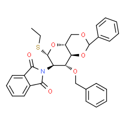 乙基 3-O-苄基-4,6-O-亚苄基-2-邻苯二甲酰亚胺-2-脱氧-1-硫代-β-D-吡喃葡萄糖苷结构式