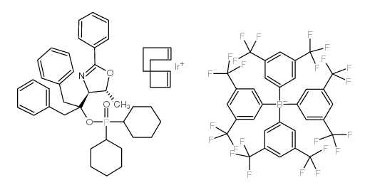 [(1,2,5,6-eta)-1,5-Cyclooctadiene][1-[(4R,5R)-4,5-dihydro-5-methyl-2-phenyl-4-oxazolyl]-2-phenyl-1-(phenylmethyl)ethyl dicyclohexylphosphinite]iridium tetrakis[3,5-bis(trifluoromethyl)phenyl]borate Structure