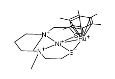 [Ni(I)(μ-S,μ-S'-N,N'-dimethyl-N.N'-bis(2-mercaptoethyl)-1,3-propanediamine)Ru(I)(η6-C6Me6)](NO3)2 Structure