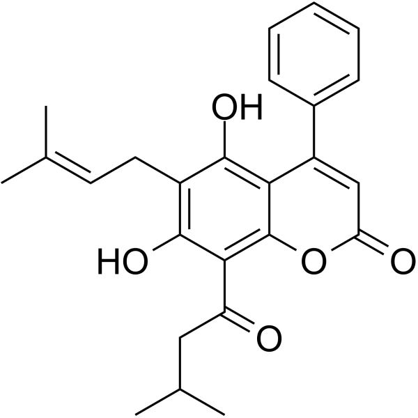 5,7-Dihydroxy-6-(3-methyl-2-butenyl)-8-(3-methylbutyryl)-4-phenyl-2H-1-benzopyran-2-one结构式