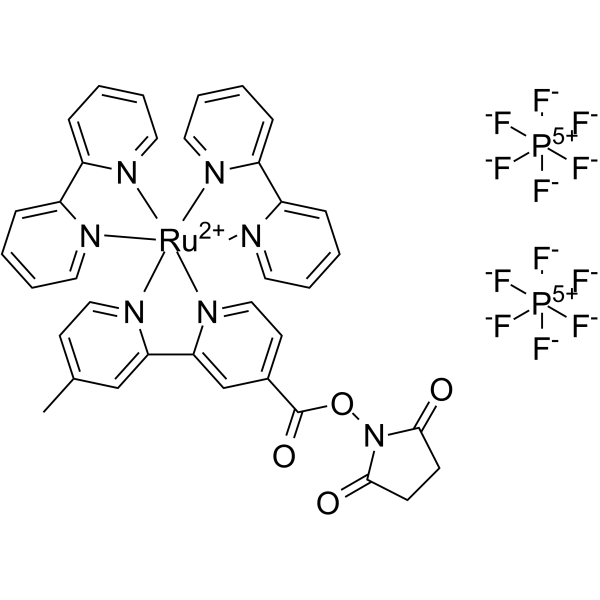 双(联吡啶)-4'-甲基-4-羰基吡啶钌-N-琥珀酰亚胺酯双六氟磷酸酯结构式