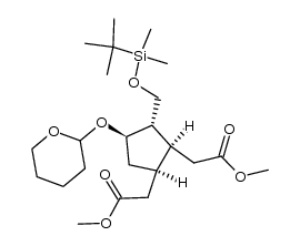 dimethyl 2,2'-((1R,2S,3S,4R)-3-(((tert-butyldimethylsilyl)oxy)methyl)-4-((tetrahydro-2H-pyran-2-yl)oxy)cyclopentane-1,2-diyl)diacetate Structure