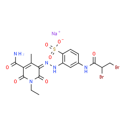 sodium 2-[[5-carbamoyl-1-ethyl-1,6-dihydro-2-hydroxy-4-methyl-6-oxo-3-pyridyl]azo]-4-[(2,3-dibromo-1-oxopropyl)amino]benzenesulphonate结构式