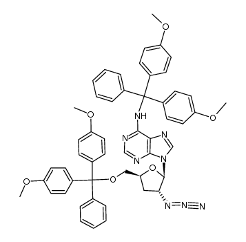 N6,O5'-bis(4,4'-dimethoxytrityl)-9-[(2R)-2-azido-2,3-dideoxy-β-D-glycero-pentofuranosyl]adenine结构式