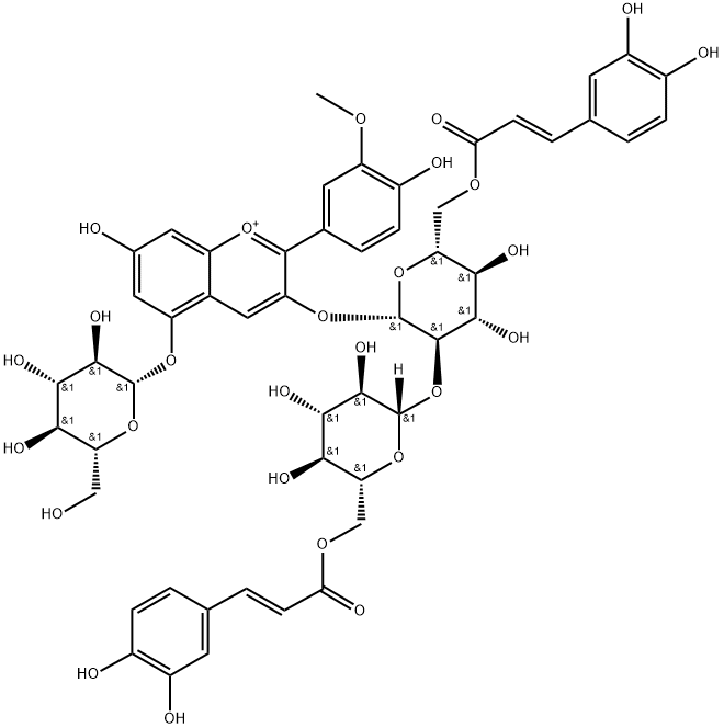 芍药色素-3-O-[6-O-(E)-咖啡酰-2-O-{6-O-咖啡酰-Β-D-葡萄糖苷}-Β-D-葡萄糖苷]-5-O-Β-D-葡萄糖苷结构式