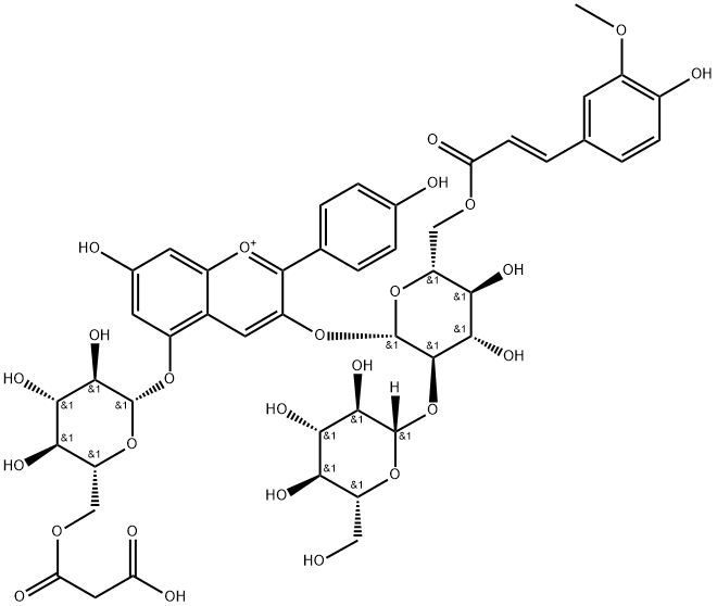 天竺葵色素-3-O-[6-O-(E)-阿魏酰基-2-O-β-D-葡萄糖苷}-β-D-葡萄糖苷]-5-O-(6-O-丙二酰基）-β-D-葡萄糖苷结构式