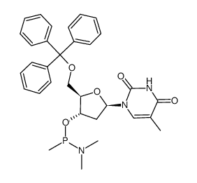 1-((2R,4S,5R)-4-(((dimethylamino)(methyl)phosphanyl)oxy)-5-((trityloxy)methyl)tetrahydrofuran-2-yl)-5-methylpyrimidine-2,4(1H,3H)-dione结构式