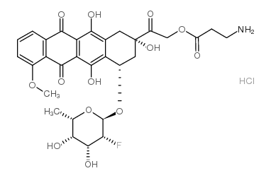 [2-[(2S,4S)-4-[(2R,3R,4R,5S,6S)-3-fluoro-4,5-dihydroxy-6-methyloxan-2-yl]oxy-2,5,12-trihydroxy-7-methoxy-6,11-dioxo-3,4-dihydro-1H-tetracen-2-yl]-2-oxoethyl] 3-aminopropanoate,hydrochloride Structure