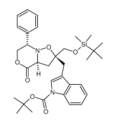 (2S,5S,8aS)-2-[(tert-butyl(dimethyl)silyloxy)methyl]-2-[(1-(tert-butoxycarbonyl)indol-3-yl)methyl]-2-(hydroxymethyl)-5-phenyl-1,5,6,8a-tetrahydro-3,7-dioxaindolizin-8(2H)-one结构式