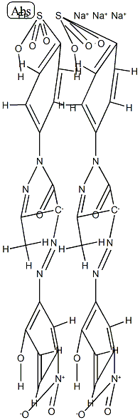 二-[4-[4,5-二氢-4-[(2-羟基-5-硝基苯基)偶氮]-3-甲基-5-氧代-1H-吡唑基-基]苯磺酸根]合铁(III)酸三钠结构式