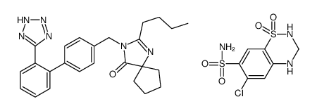 2-butyl-3-[[4-[2-(2H-tetrazol-5-yl)phenyl]phenyl]methyl]-1,3-diazaspiro[4.4]non-1-en-4-one,6-chloro-1,1-dioxo-3,4-dihydro-2H-1λ6,2,4-benzothiadiazine-7-sulfonamide Structure