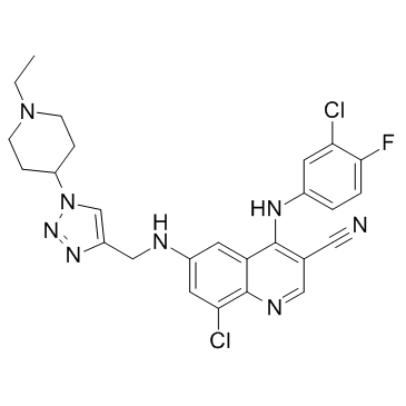 8-氯-4-[(3-氯-4-氟苯基)氨基]-6-[[[1-(1-乙基-4-哌啶)-1H-1,2,3-三唑-4-基]甲基]氨基]-3-喹啉甲腈结构式