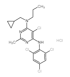 5-氯-N-(环丙基甲基)-2-甲基-N-丙基-N'-(2,4,6-三氯苯基)嘧啶-4,6-二胺结构式