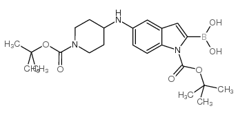 2-硼-5-[[1-[(1,1-二甲基乙氧基)羰基]-4-哌啶基]氨基]-1H-吲哚-1-羧酸-1-(1,1-二甲基乙基)酯结构式