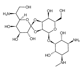 (+)-5-O-[2-O,3-O-[6-Amino-1,6-dideoxy-L-glycero-D-galacto-heptopyranose-1-ylidene]-β-D-manno-hexopyranosyl]-N'-methyl-2-deoxy-D-streptamine结构式