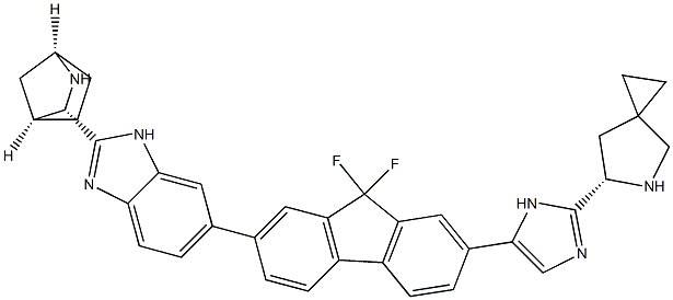 (1R,3S,4S)-3-(6-(7-(2-((S)-5-(叔丁氧基羰基)-5-氮杂螺[2.4]庚烷-6-基)咪唑-5-基)-9,9-二氟-9H-芴-2-基)-1H-苯并[d]咪唑-2-基)-2-氮杂二环[2.2.1]庚烷-2-羧酸乙酯草酸盐结构式