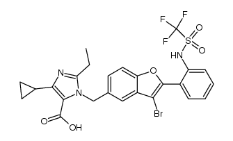 1-[[3-bromo-2-[2-[[(trifluoromethyl)sulfonyl]amino]phenyl]-5-benzofuranyl]methyl]-4-cyclopropyl-2-ethyl-1H-imidazole-5-carboxylic acid结构式