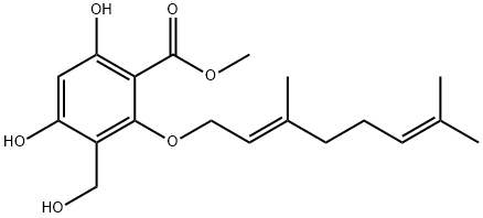 2-[[(E)-3,7-Dimethylocta-2,6-dienyl]oxy]-4,6-dihydroxy-3-(hydroxymethyl)benzoic acid methyl ester结构式