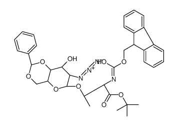 O-(2-叠氮-4,6-O-苯亚甲基-2-脱氧-α-D-吡喃半乳糖)-N-[(9H-芴-9-基甲氧基)羰基]-L-苏氨酸叔丁酯结构式