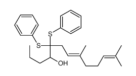 8,12-dimethyl-5,5-bis(phenylsulfanyl)trideca-7,11-dien-4-ol结构式