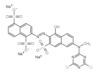 trisodium 2-[[6-[(4,6-dichloro-1,3,5-triazin-2-yl)methylamino]-1-hydroxy-3-sulphonato-2-naphthyl]azo]naphthalene-1,5-disulphonate structure